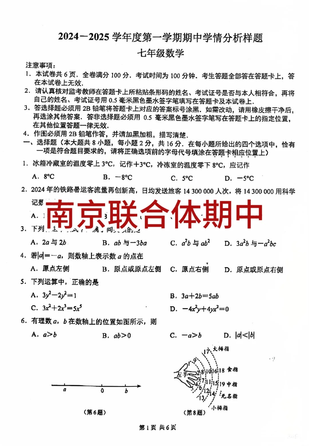 南京联合体七年级上册数学期中真题（附答案）  第2张