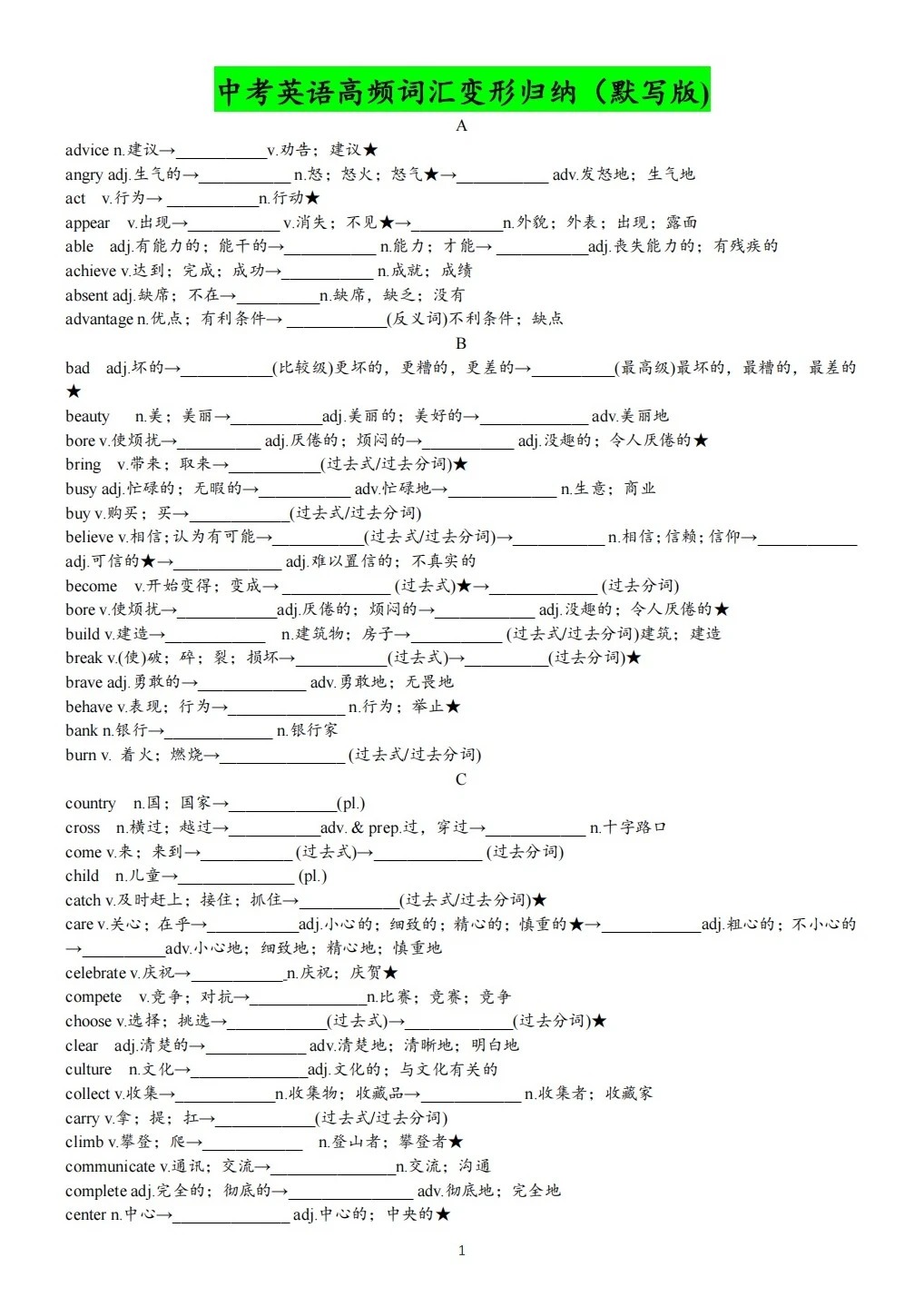 中考英语高频词汇变形归纳（背默版）